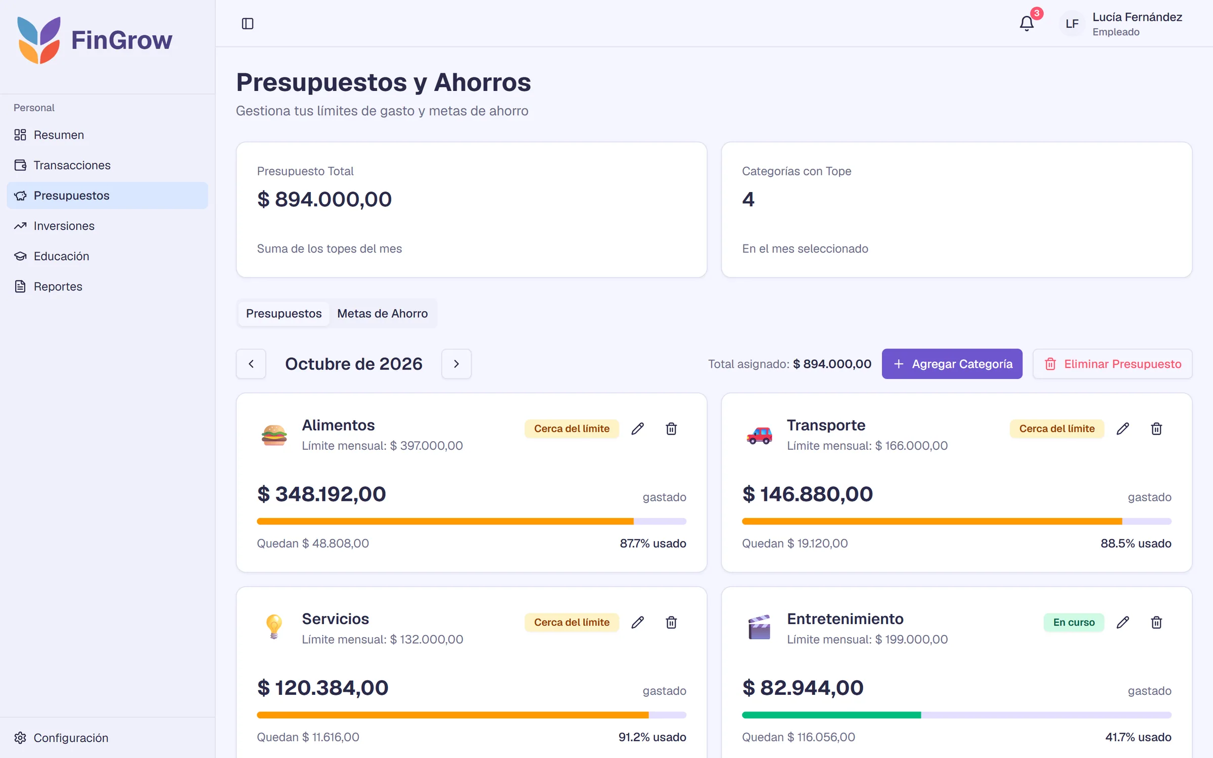 Presupuestos por categoría con el avance del mes