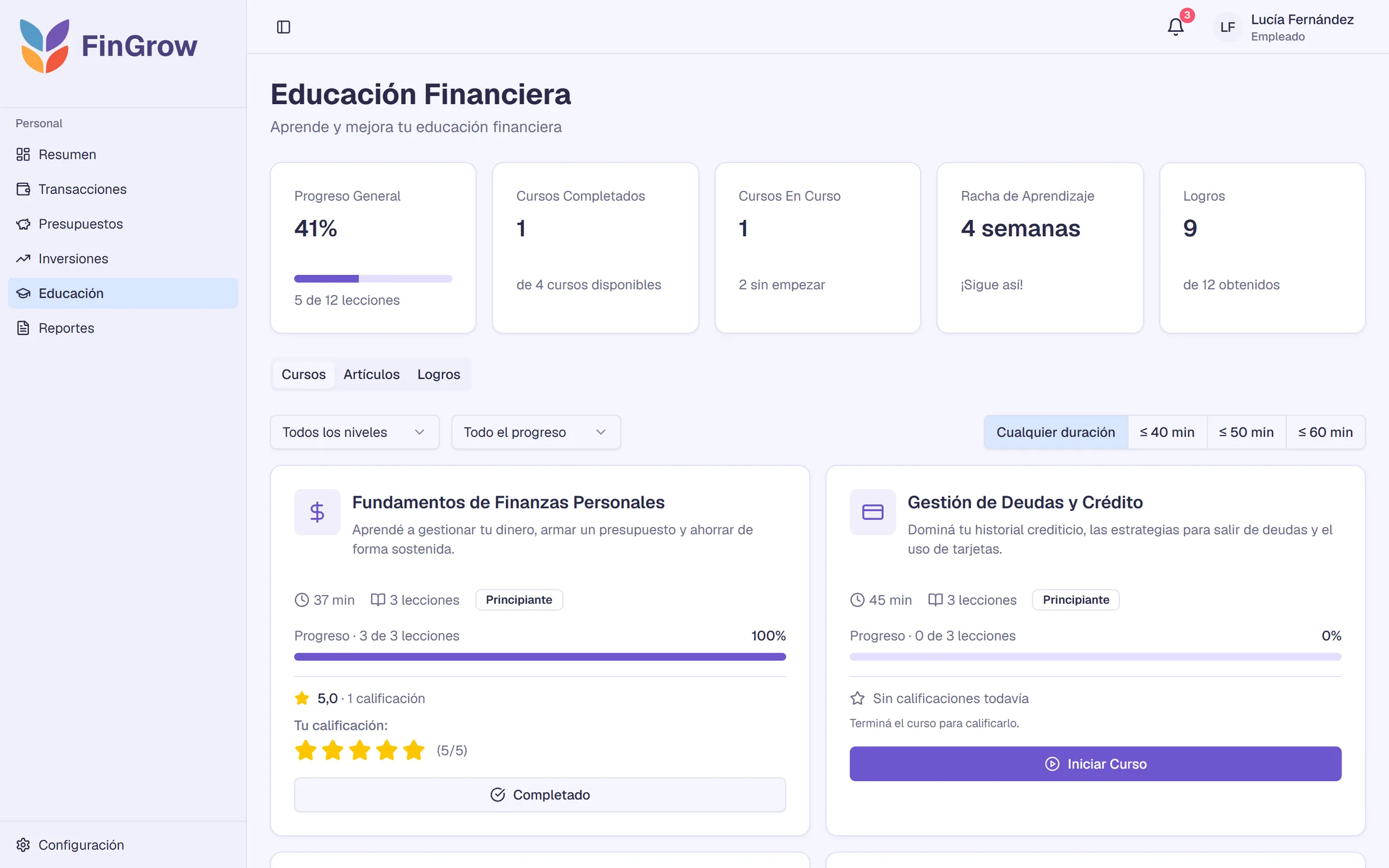 Cursos de educación financiera con progreso y calificación