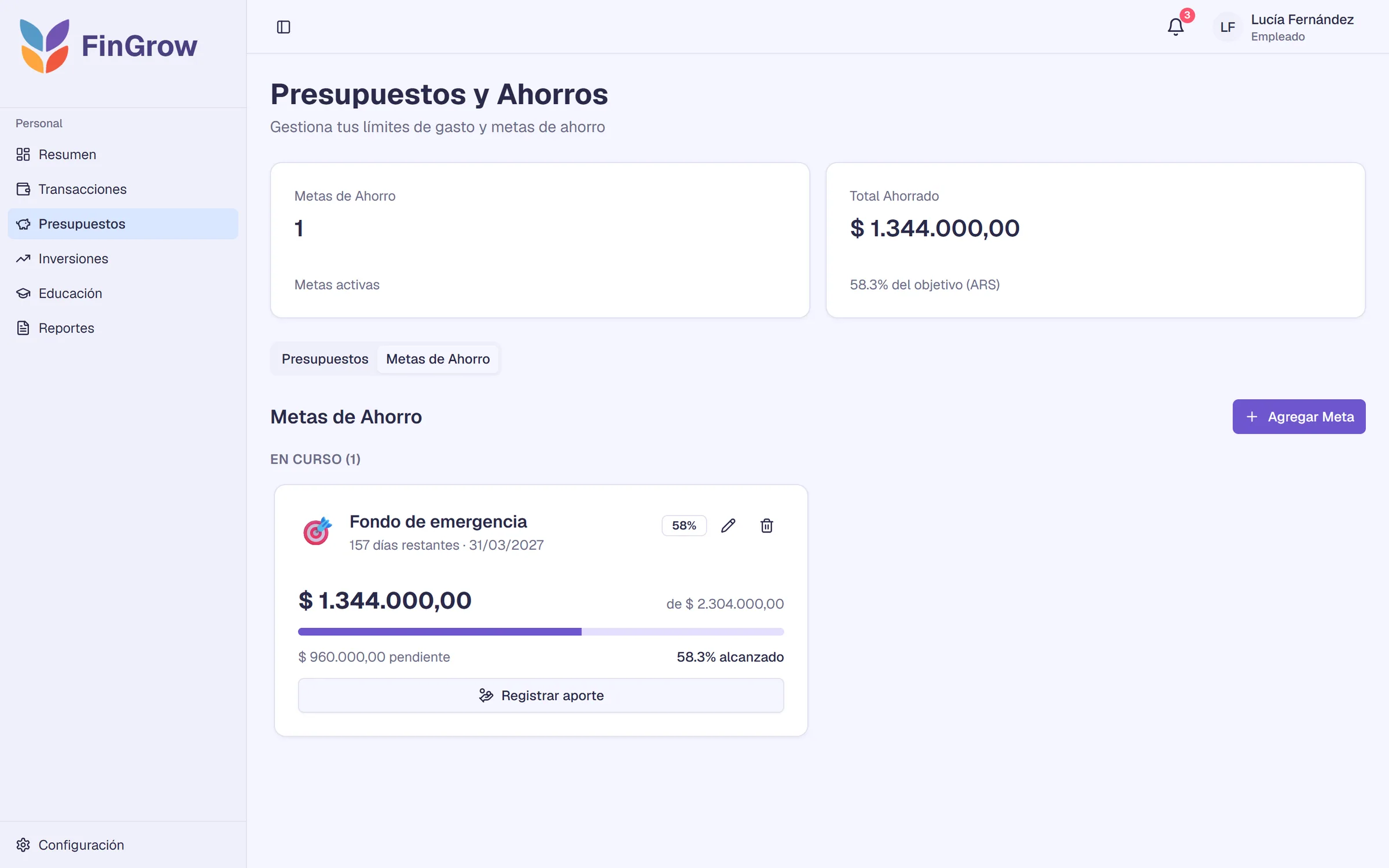 Meta de ahorro con su avance y el botón para registrar un aporte