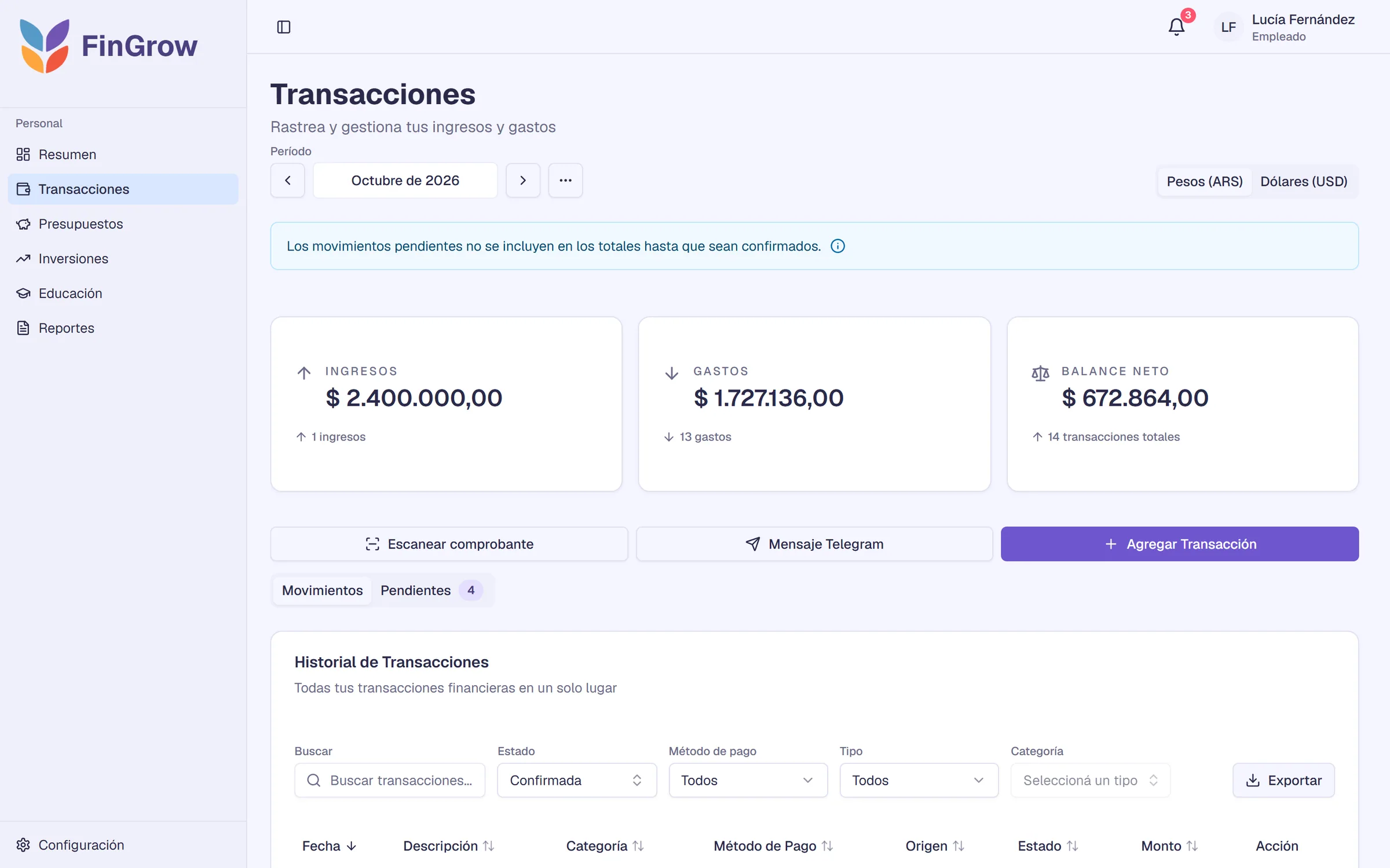 Transacciones de FinGrow con los totales del mes y las formas de cargar un movimiento